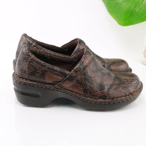 Born Womens Peggy Clog Size 8 Brown Black Leather Snakeskin Wedge Heel Shoe - Picture 4 of 12